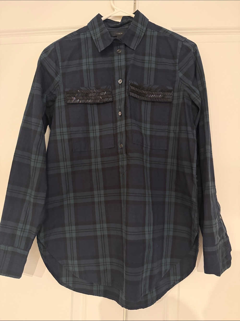 J. Crew Navy and Green Plaid Button-Down Shirt with Embellished Pockets